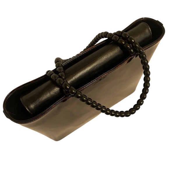 Vintage Stuart Weitzman Tortoise Print Brown Structured Tote Black Beaded Handle - Picture 9 of 16